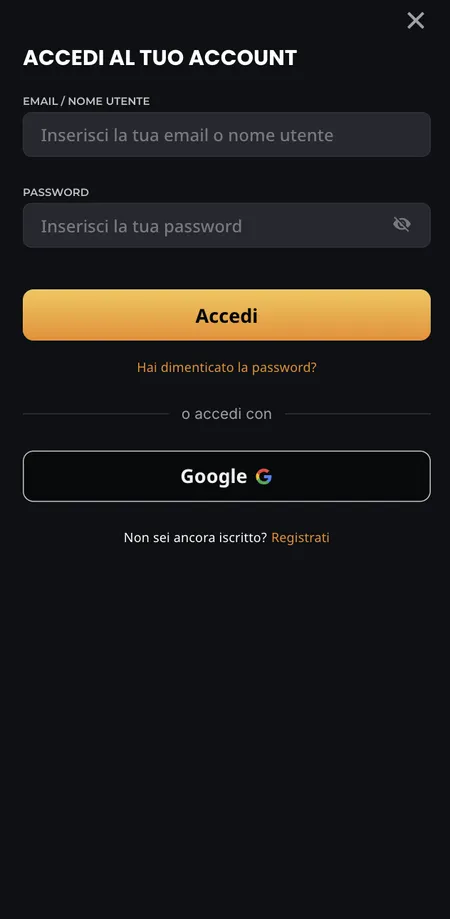 Schermata di accesso Instant Casino in italiano
