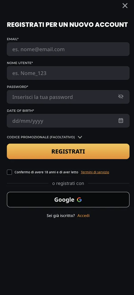Modulo di registrazione Instant Casino in italiano